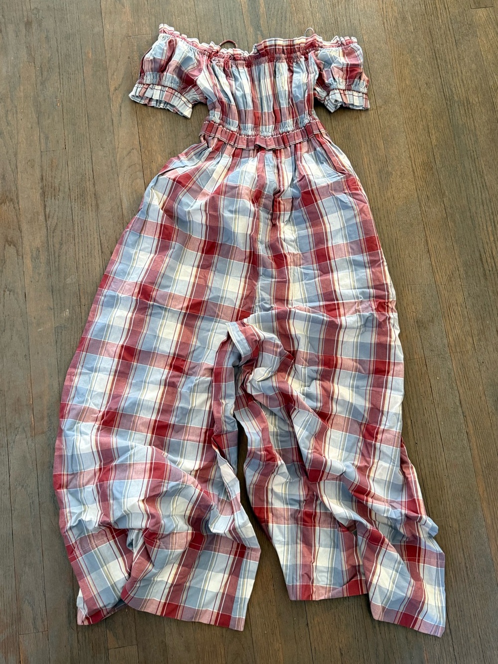 Ulla Johnson Red, White and Blue Plaid Off-Shoulder Pajama Jumpsuit